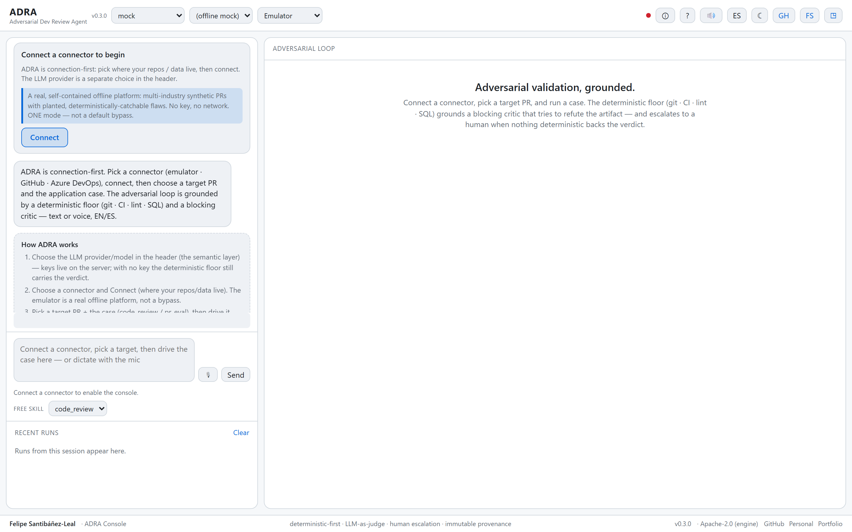 ADRA — deterministic tools first, an adversarial critic, an LLM-as-judge, and human gates
