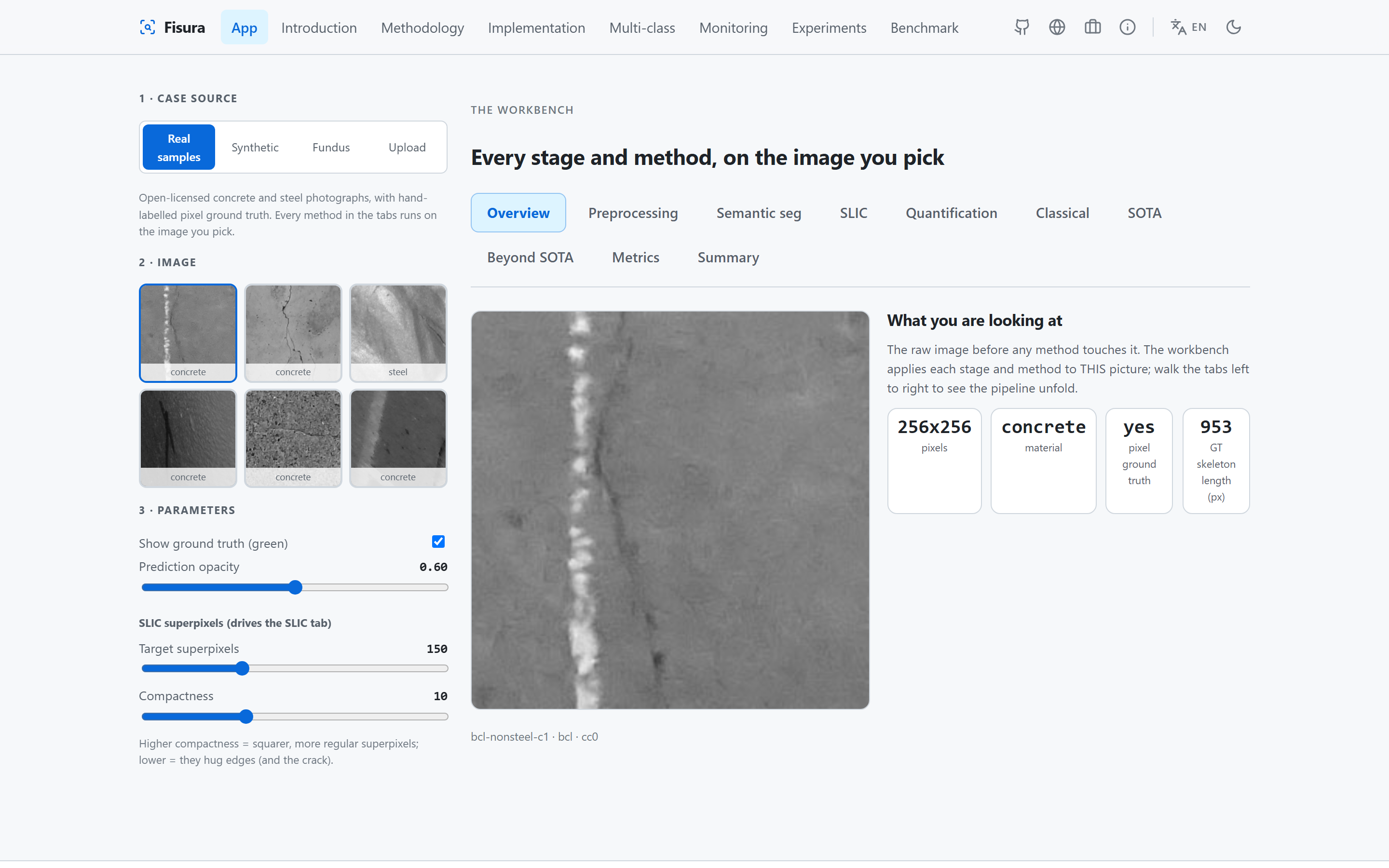 Fisura — one image runs a classical-to-foundation method ladder, then measurement turns masks into engineering numbers