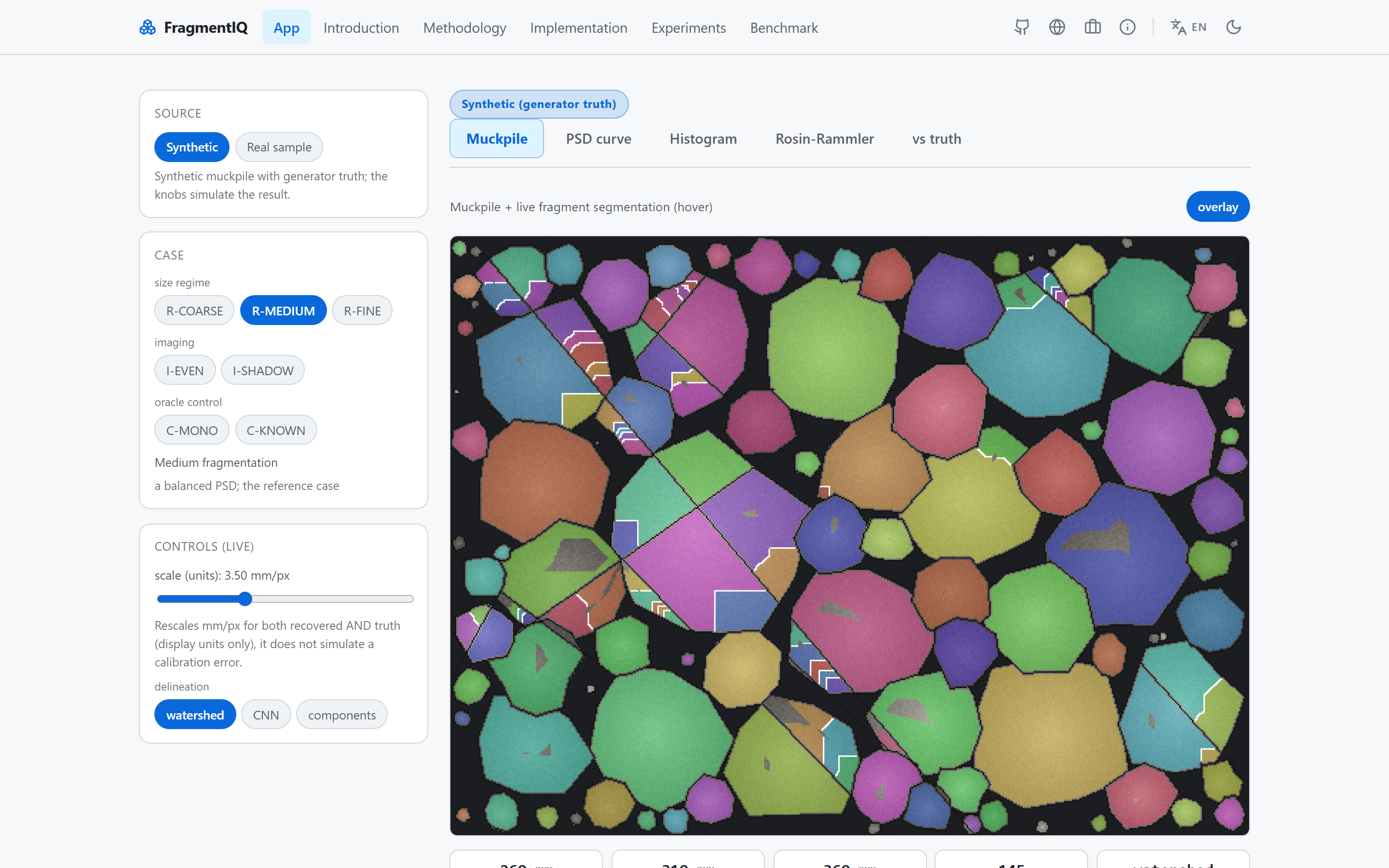 FragmentIQ — watershed muckpile delineation and a Rosin-Rammler size curve, run live in the browser