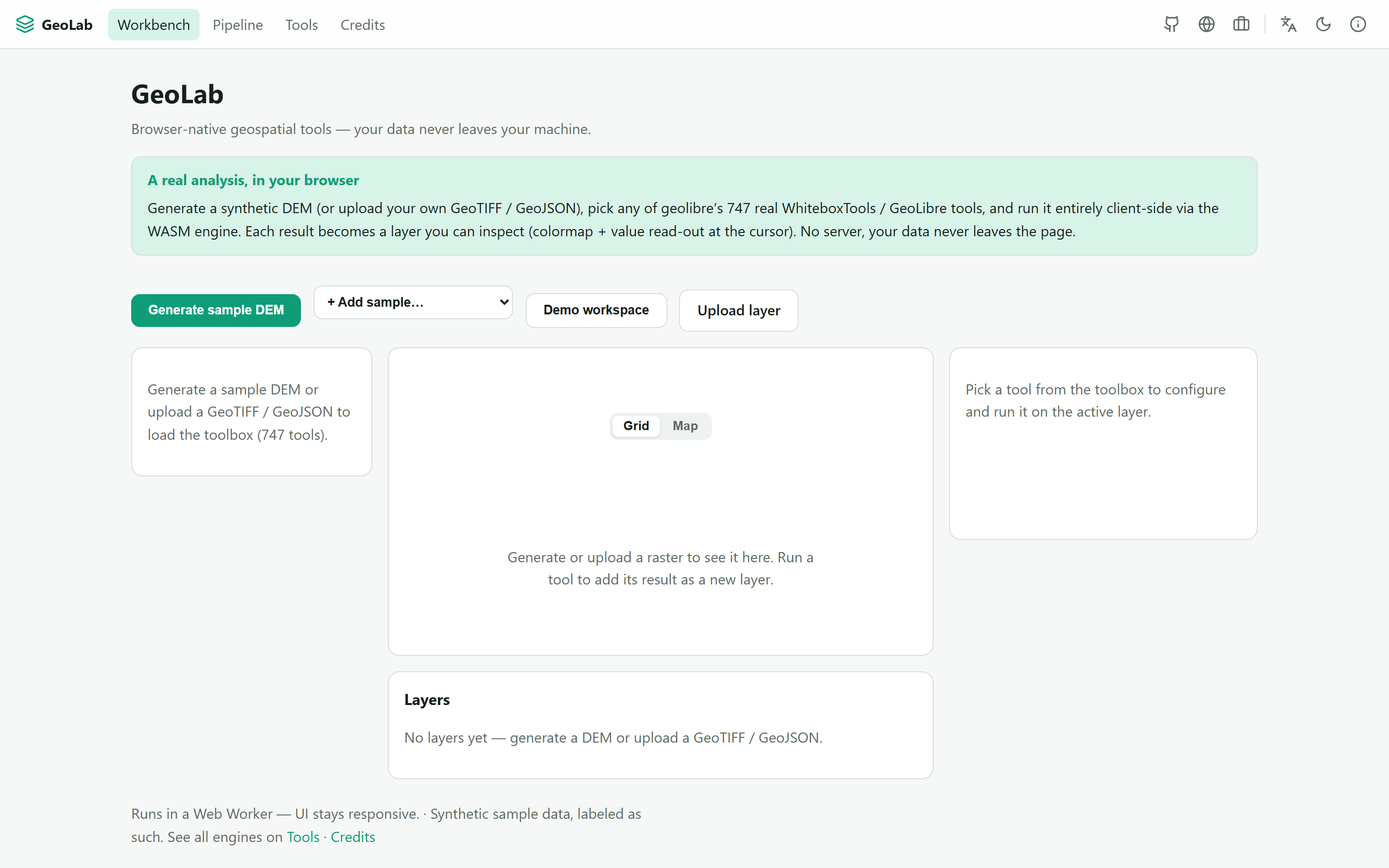 GeoLab — many WASM geospatial engines behind one tool interface, with reproducible pipelines