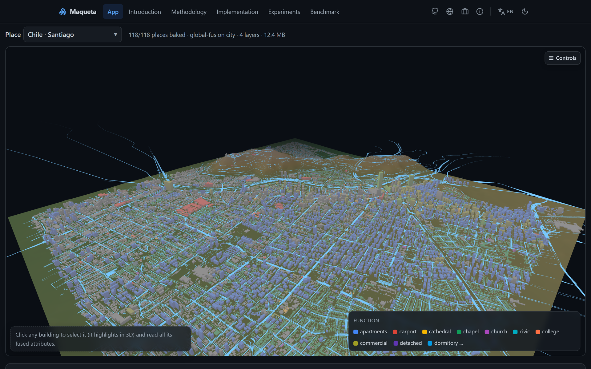 Maqueta, Santiago rebuilt from open data, buildings coloured by function over the real terrain