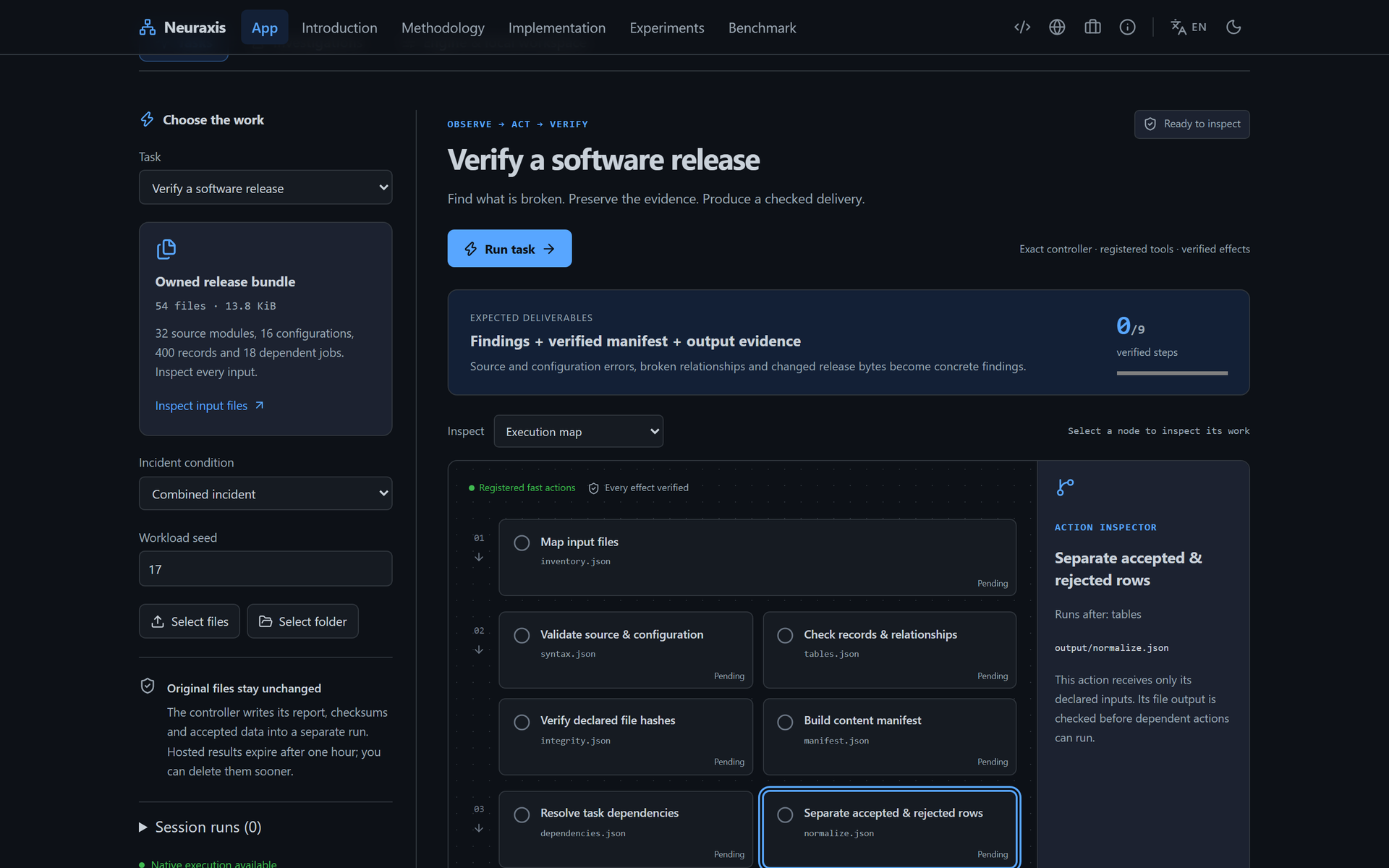 Neuraxis, the App: verify a software release, nine verified steps in an execution map with an action inspector