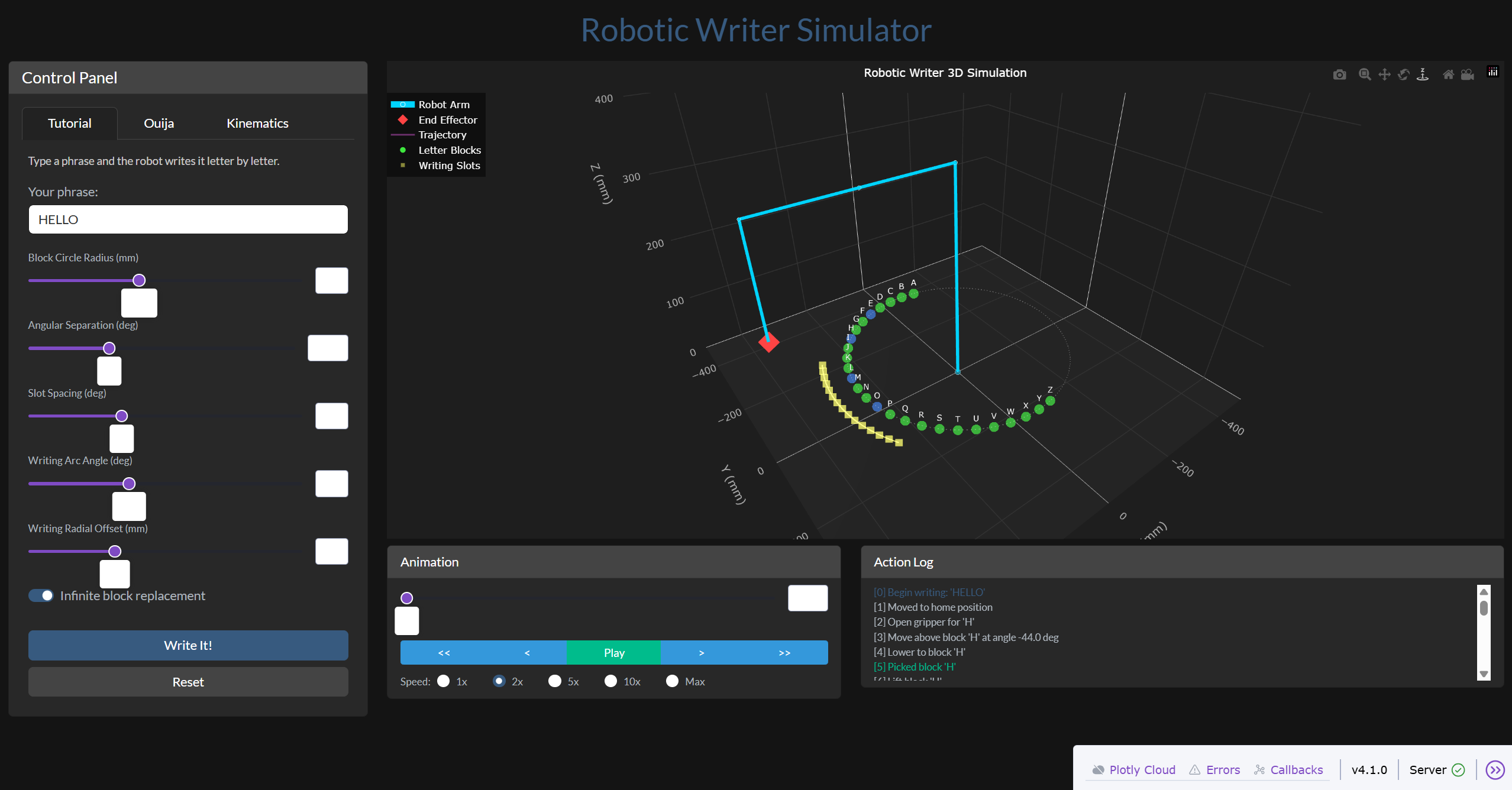 Robotic Writer — 3D kinematics simulation and trajectory planning