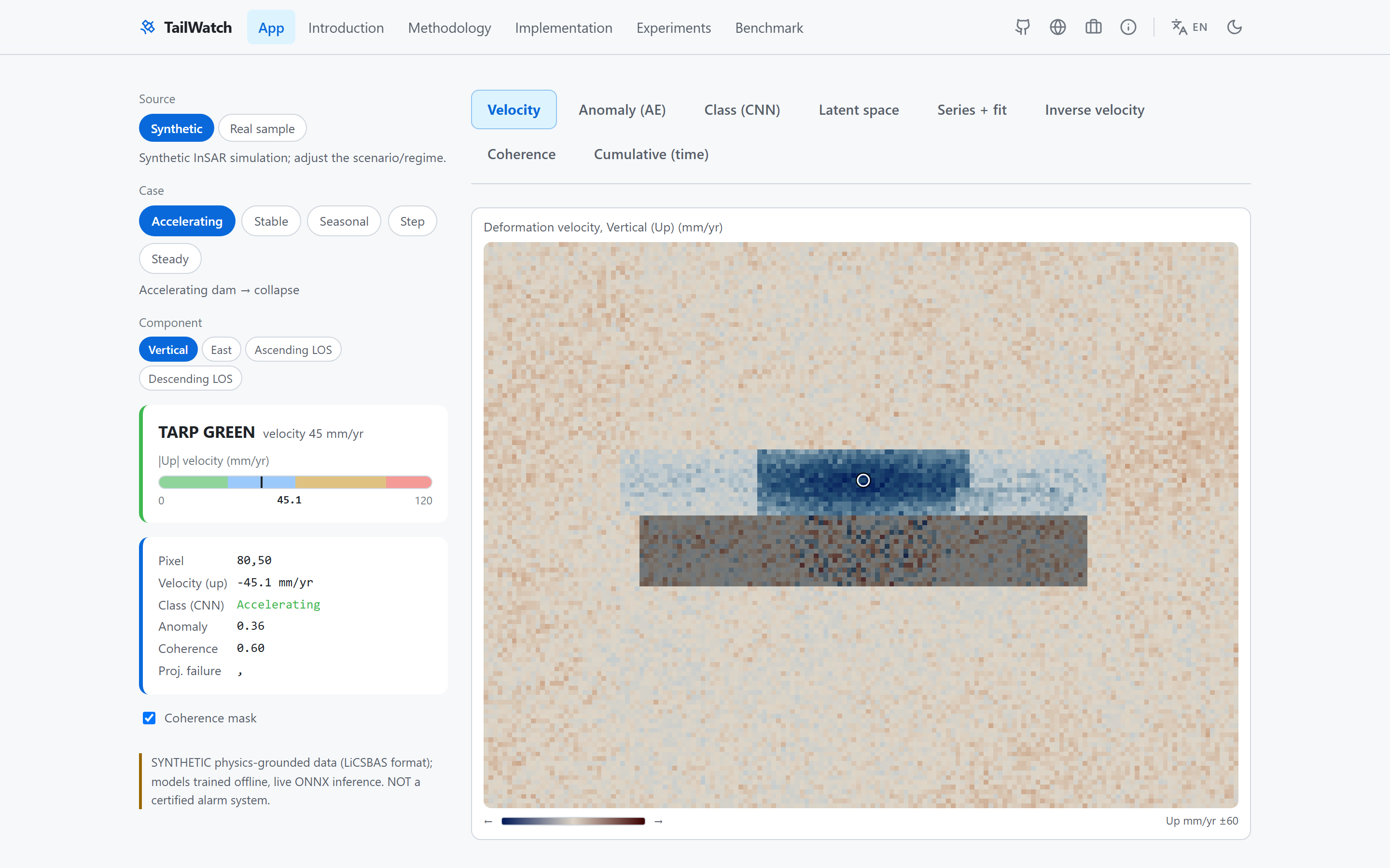 TailWatch — an InSAR displacement cube with inverse-velocity forecasting and two ONNX models, in the browser